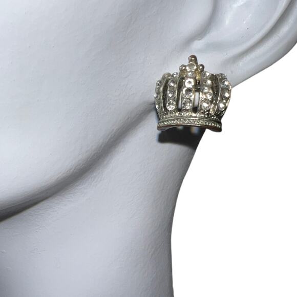 Vintage Silver Crown Stud Earrings Royal Crystal Rhinestone Statement Victorian - Picture 1 of 8